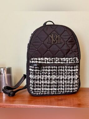 NWOT - Badgley Mischka Black Quilted Backpack with Black-and-White Tweed Pocket